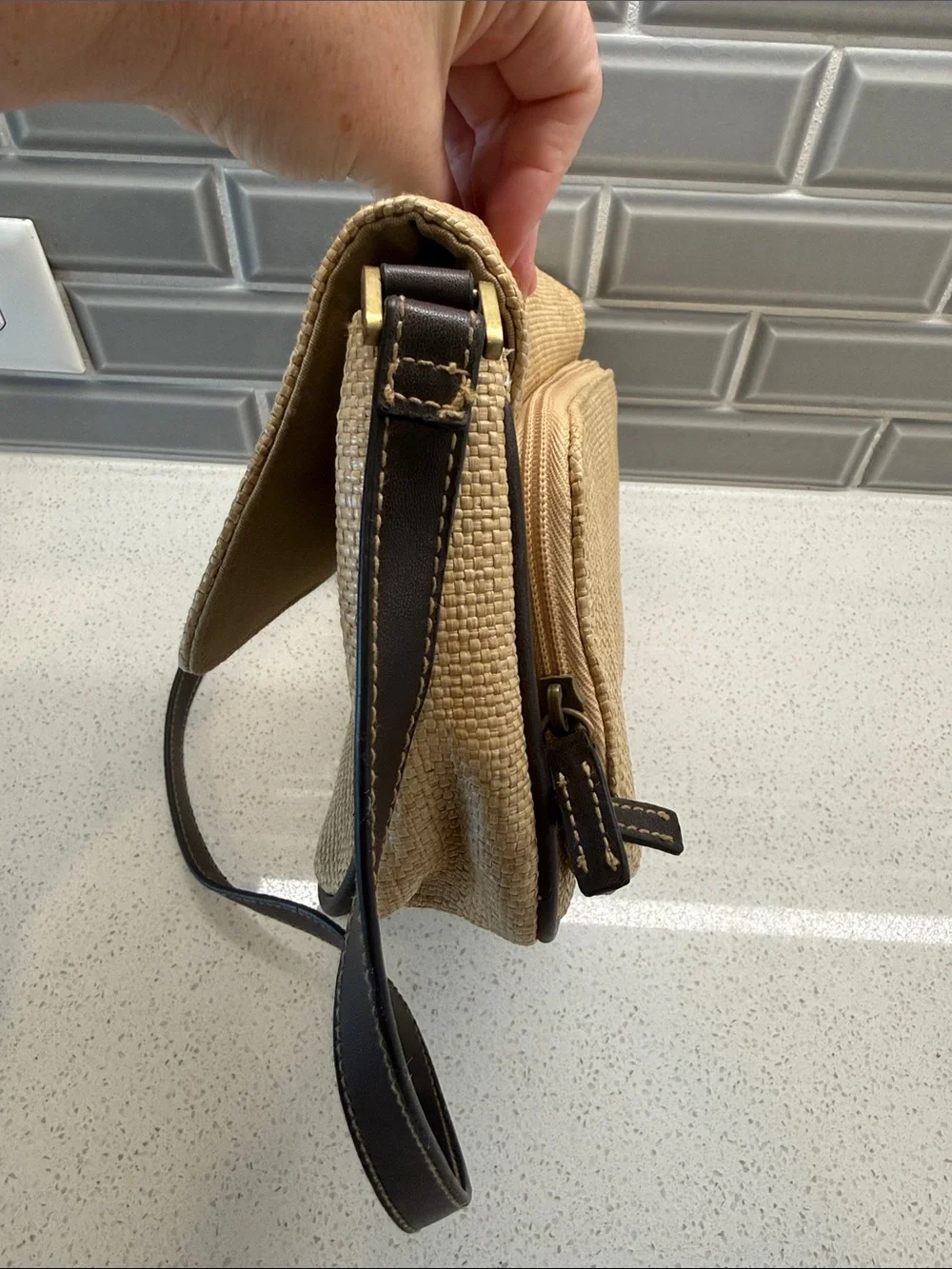 Crazy Horse Women’s Beige Crossbody Shoulder Bag with Dark Brown Trim